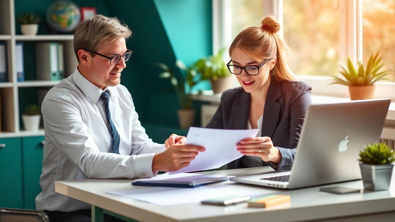A business owner and an accountant reviewing paperwork and a laptop at a desk