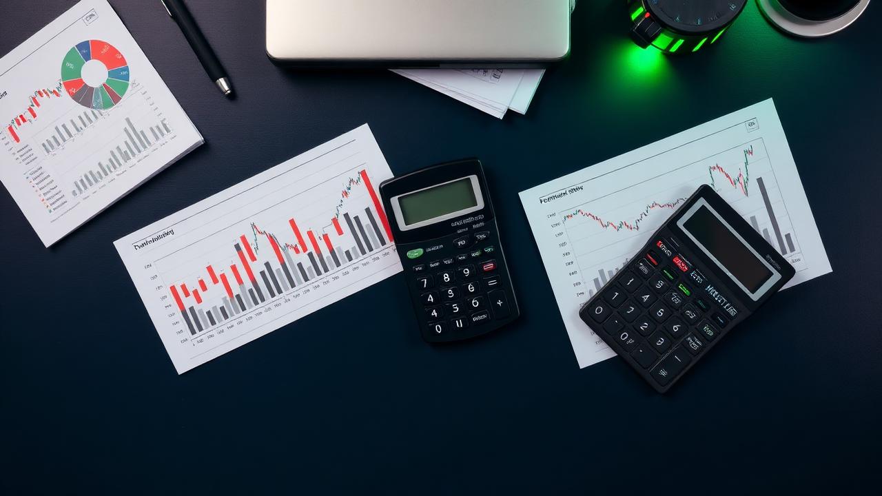 Printed financial charts and calculators arranged on a dark desk