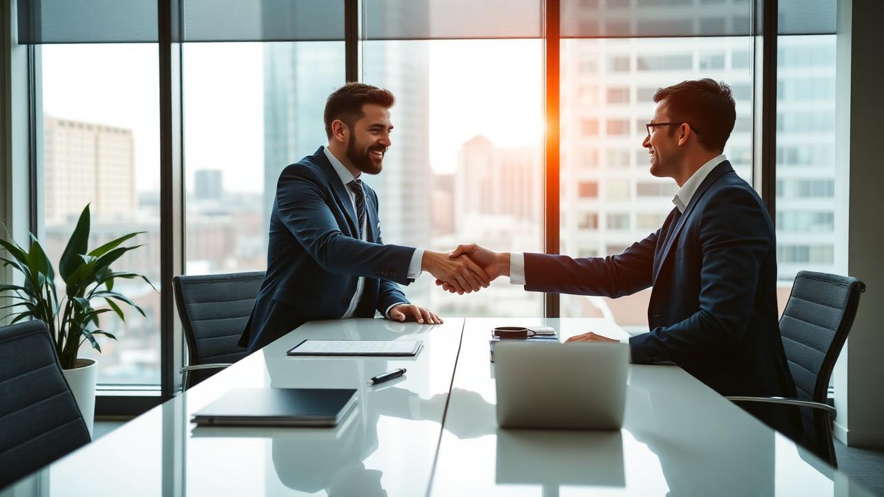 Two professionals shaking hands across a desk in a modern accountancy office